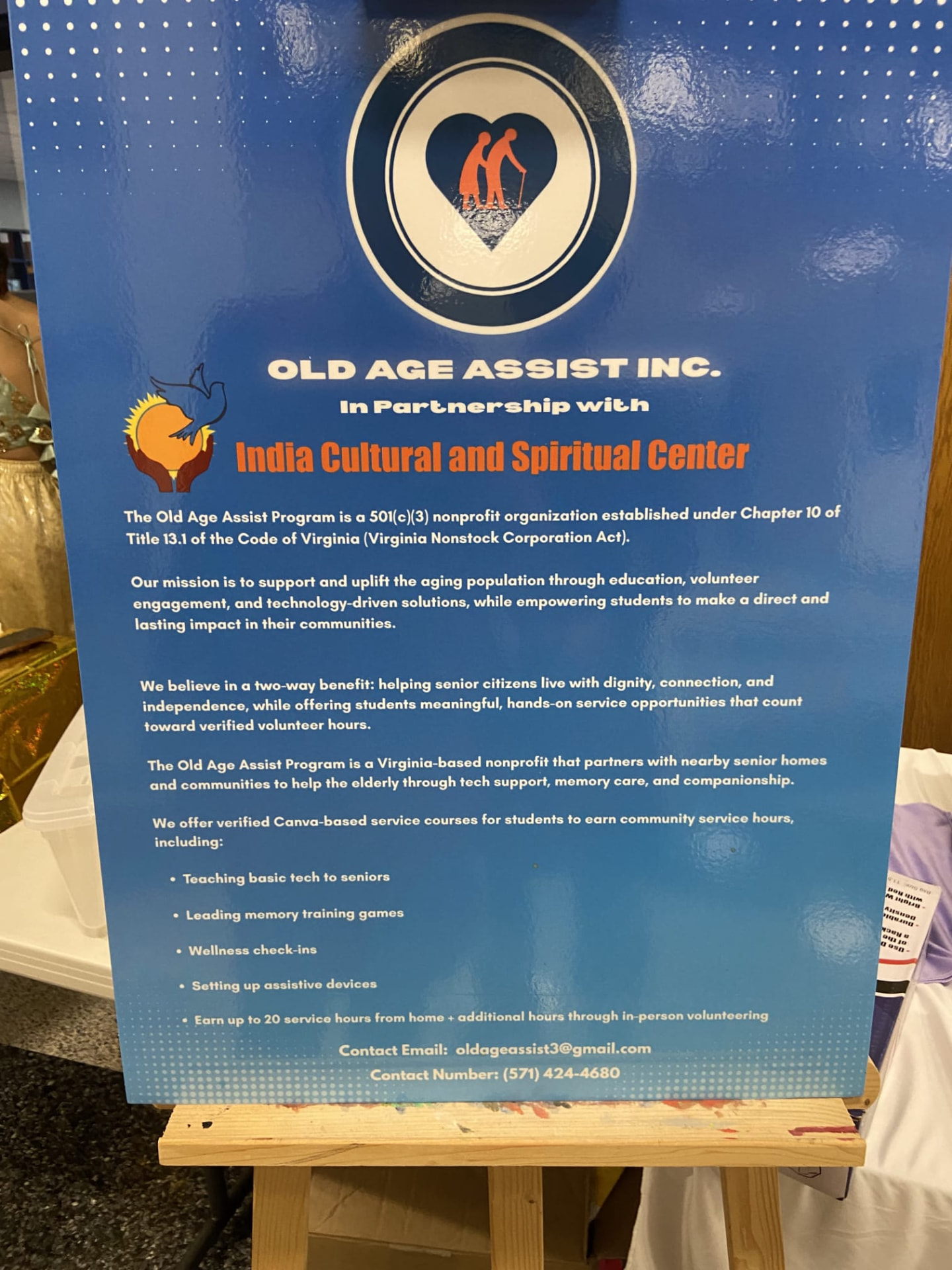 Old Age Assist Inc. banner sign in partnership with the India Cultural and Spiritual Center