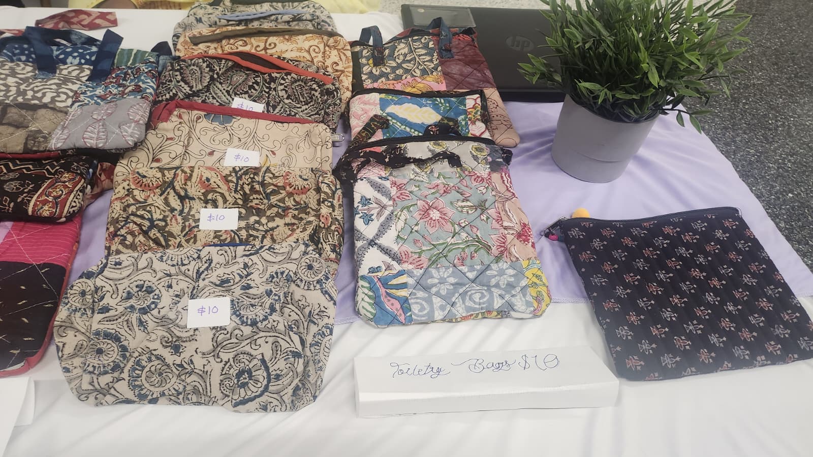 Handmade toiletry bags sold at an Old Age Assist fundraiser table